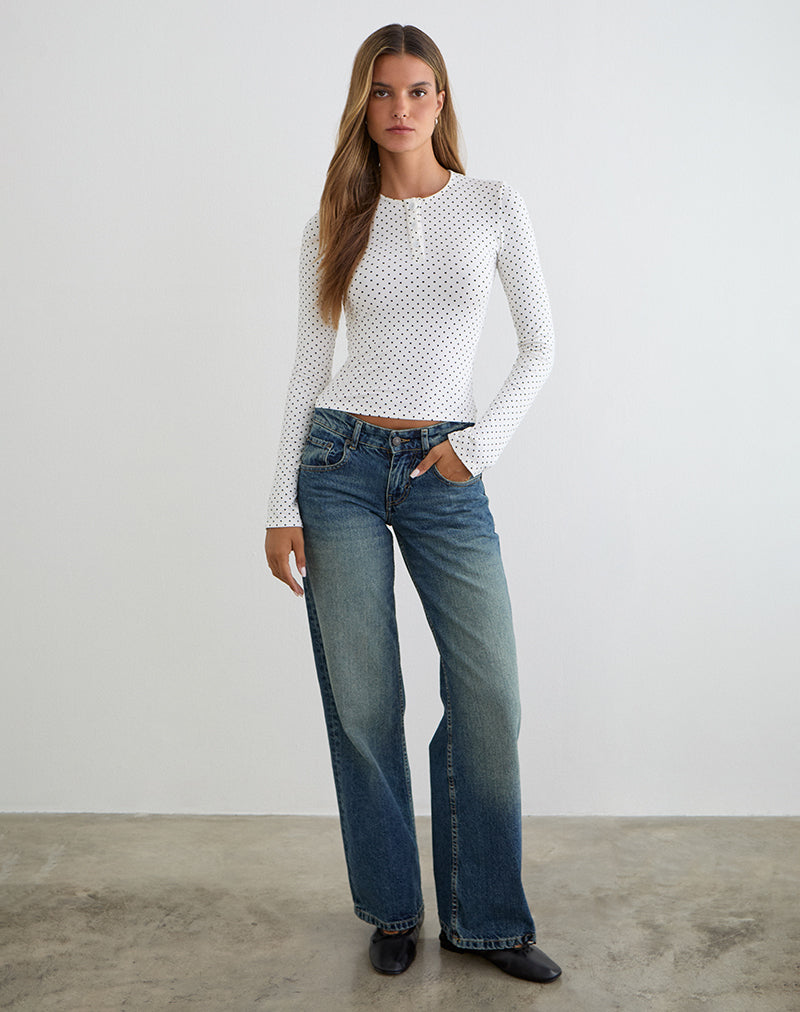 Image of Delano Top in White with Micro Polka Black Print