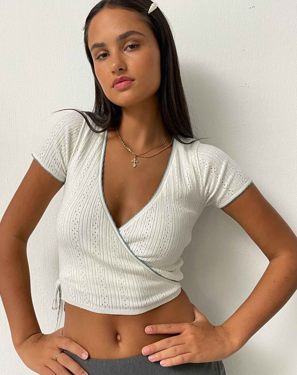 Delilah Wrap Top in White Pointelle Knit