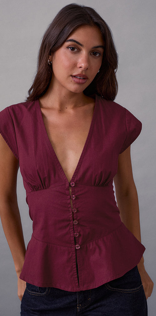 Image of Devlin V Neck Blouse in Poplin Burgundy