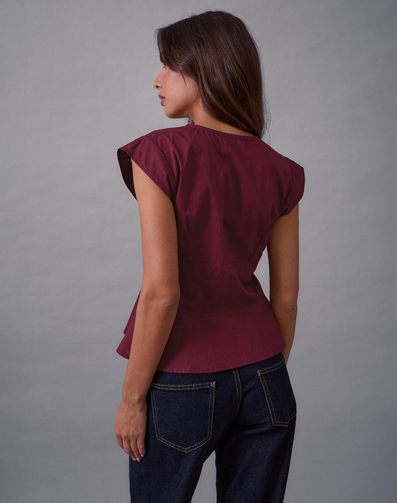 Image of Devlin V Neck Blouse in Poplin Burgundy