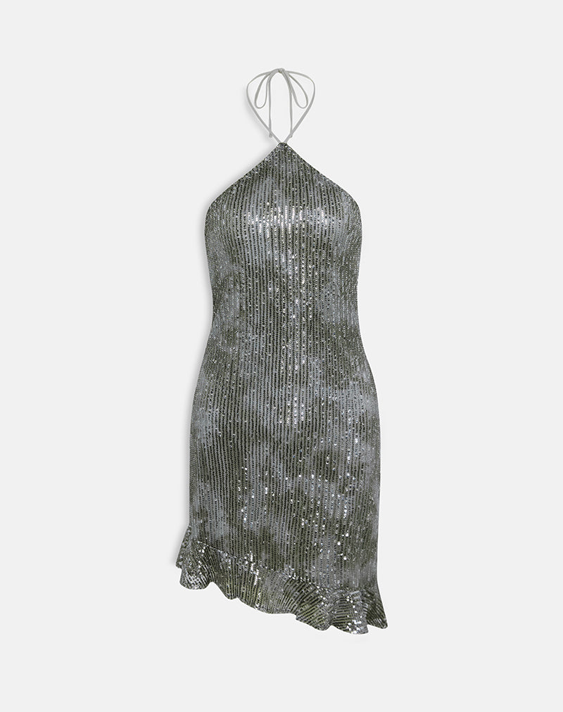 Image of Dikta Asymmetric Mini Dress in Sequin Green Grey