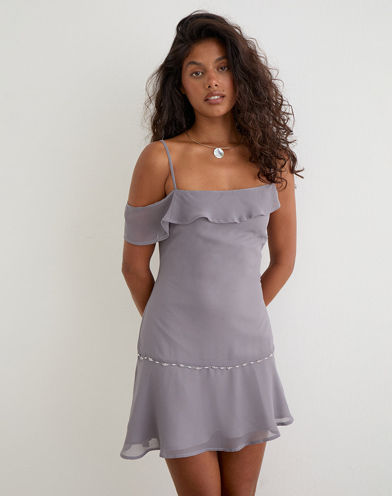 Taupe Grey with Bold Floral Flock Babydoll Mini Dress | Musetti