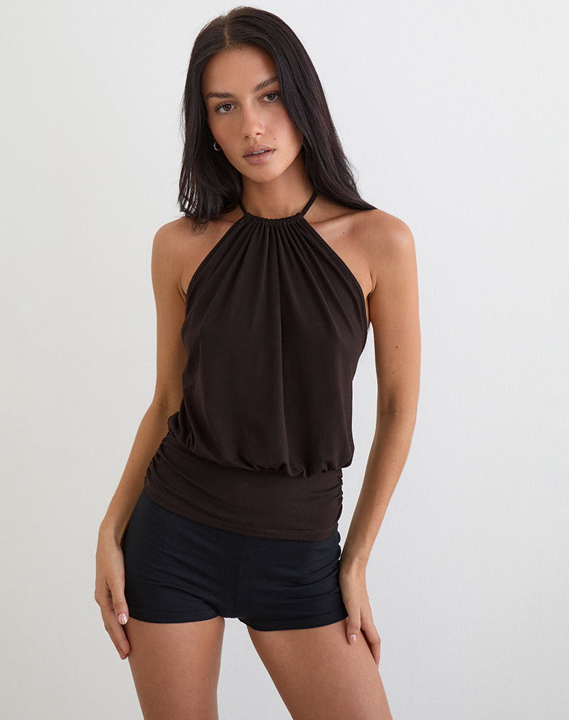 Diraka High Neck Top in Rayon Jersey Chocolate Brown