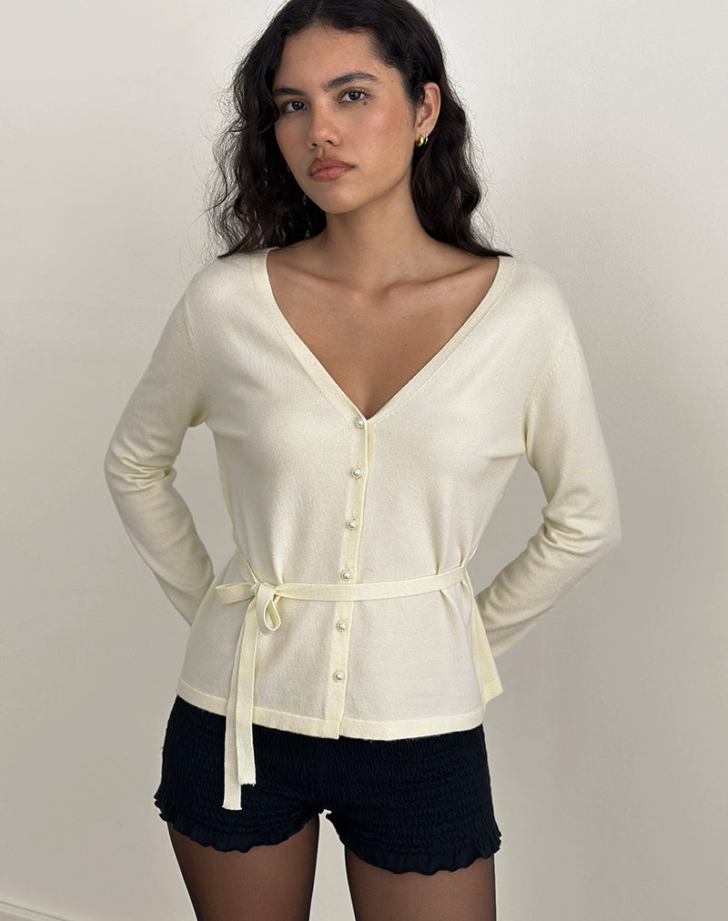 Image of Divya Cardigan with Tie in Knit Cream
