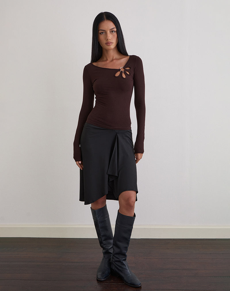 Image of Donela Long Sleeve Top with Flower Ring in Bitter Chocolate