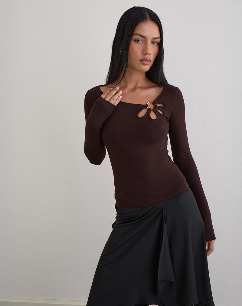 Image of Donela Long Sleeve Top with Flower Ring in Bitter Chocolate