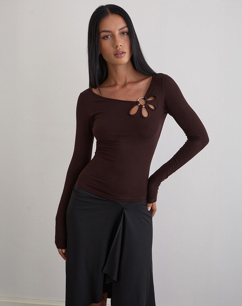 Image of Donela Long Sleeve Top with Flower Ring in Bitter Chocolate