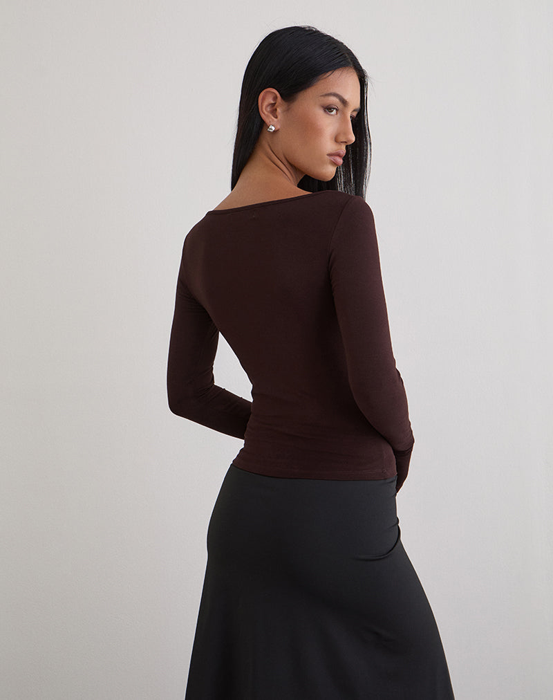 Image of Donela Long Sleeve Top with Flower Ring in Bitter Chocolate