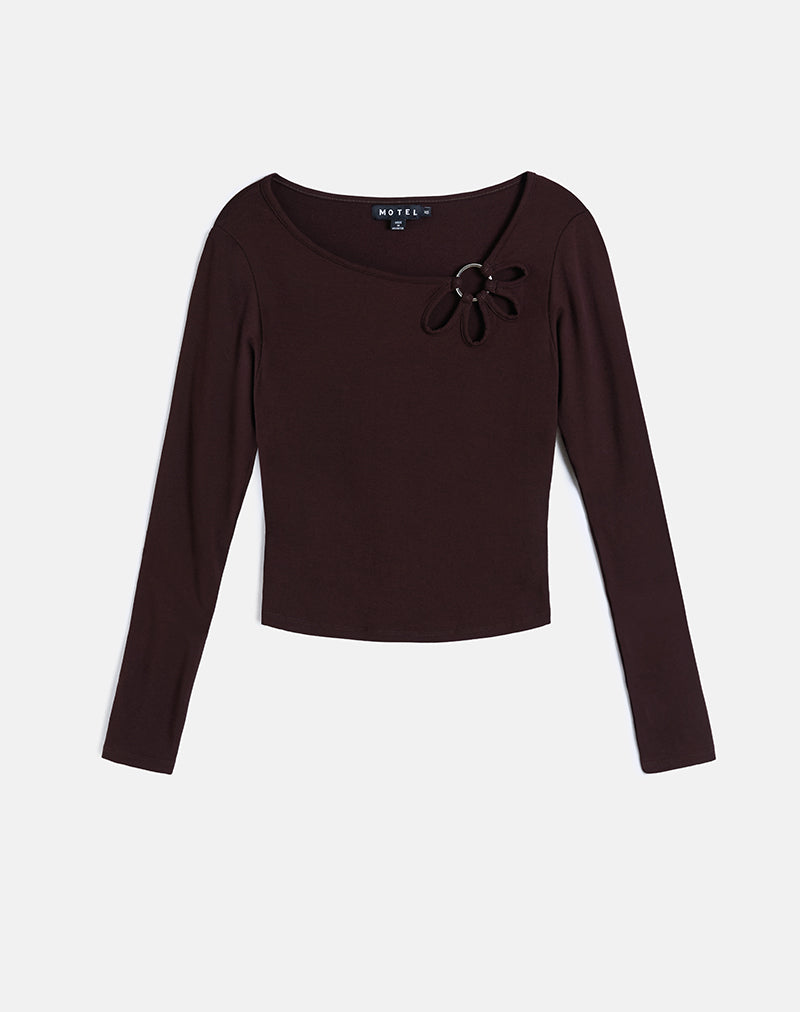 Image of Donela Long Sleeve Top with Flower Ring in Bitter Chocolate