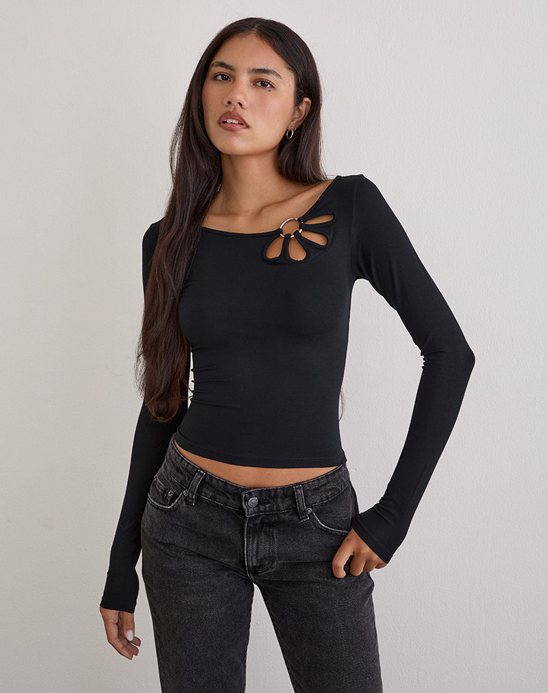 Image of Donela Long Sleeve Top with Flower Ring in Black 