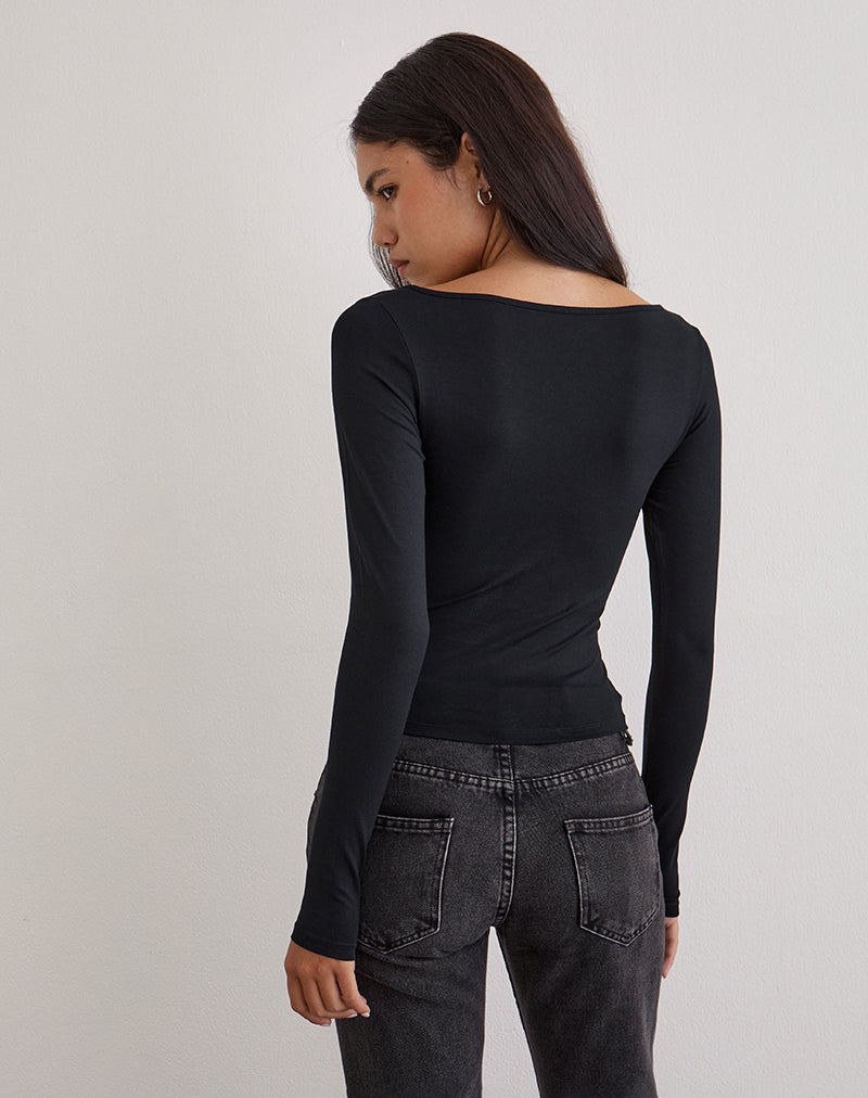 Image of Donela Long Sleeve Top with Flower Ring in Black 