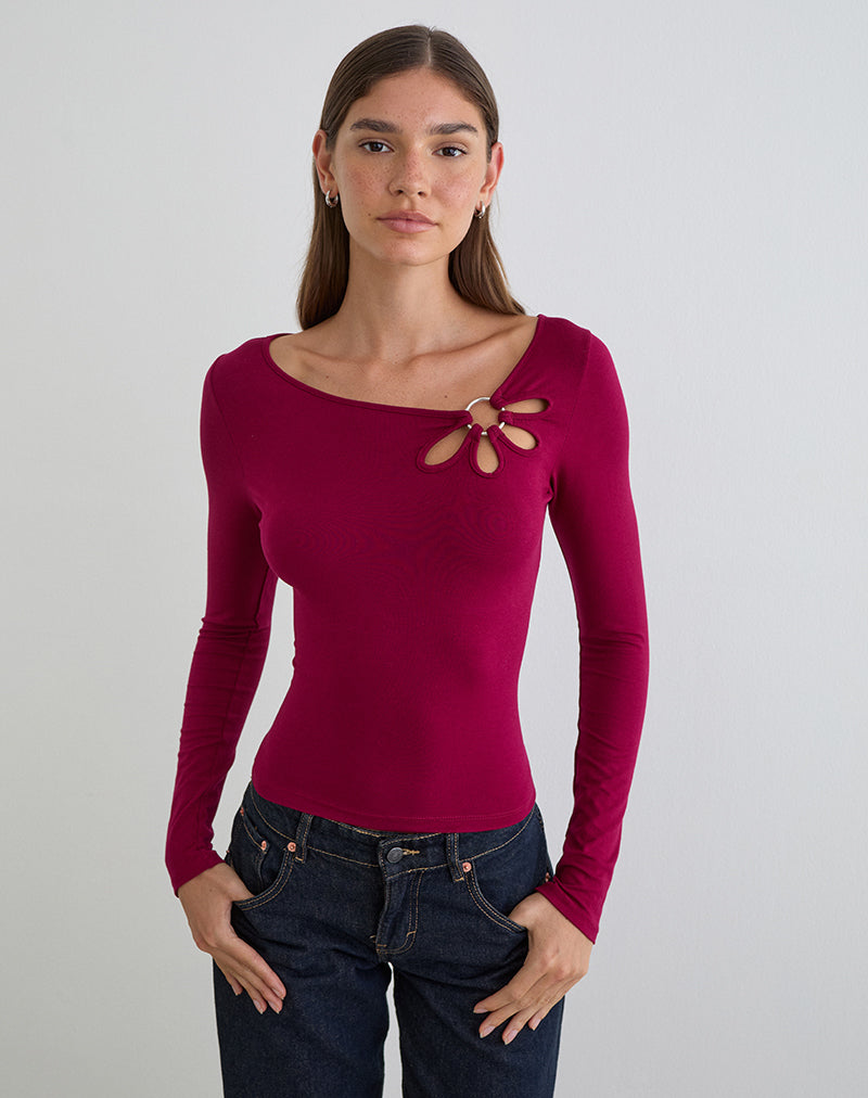 Donela Long Sleeve Top in Flower Ring Burgundy