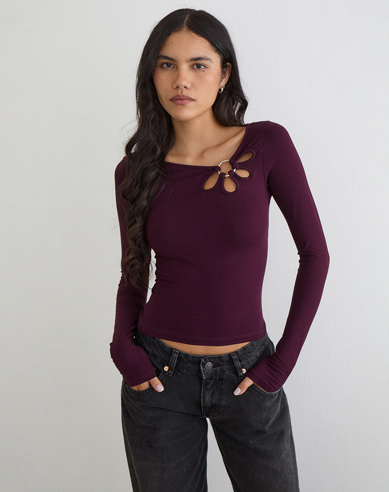 Donela Long Sleeve Top with Flower Ring in Redwood