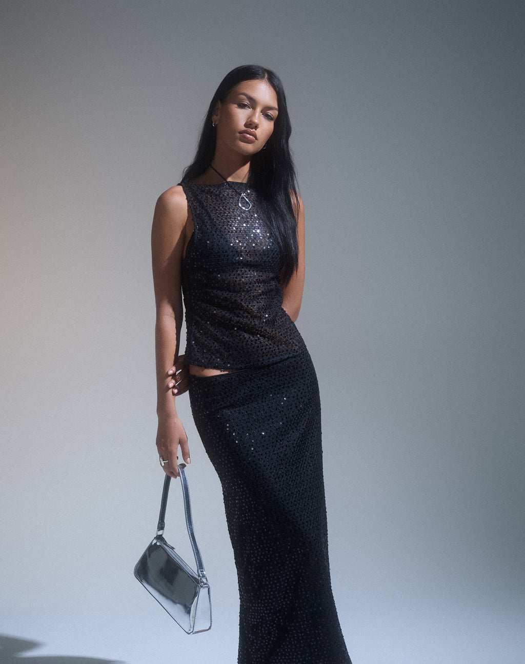 Dudley Vest Top in Sequin Knit Black