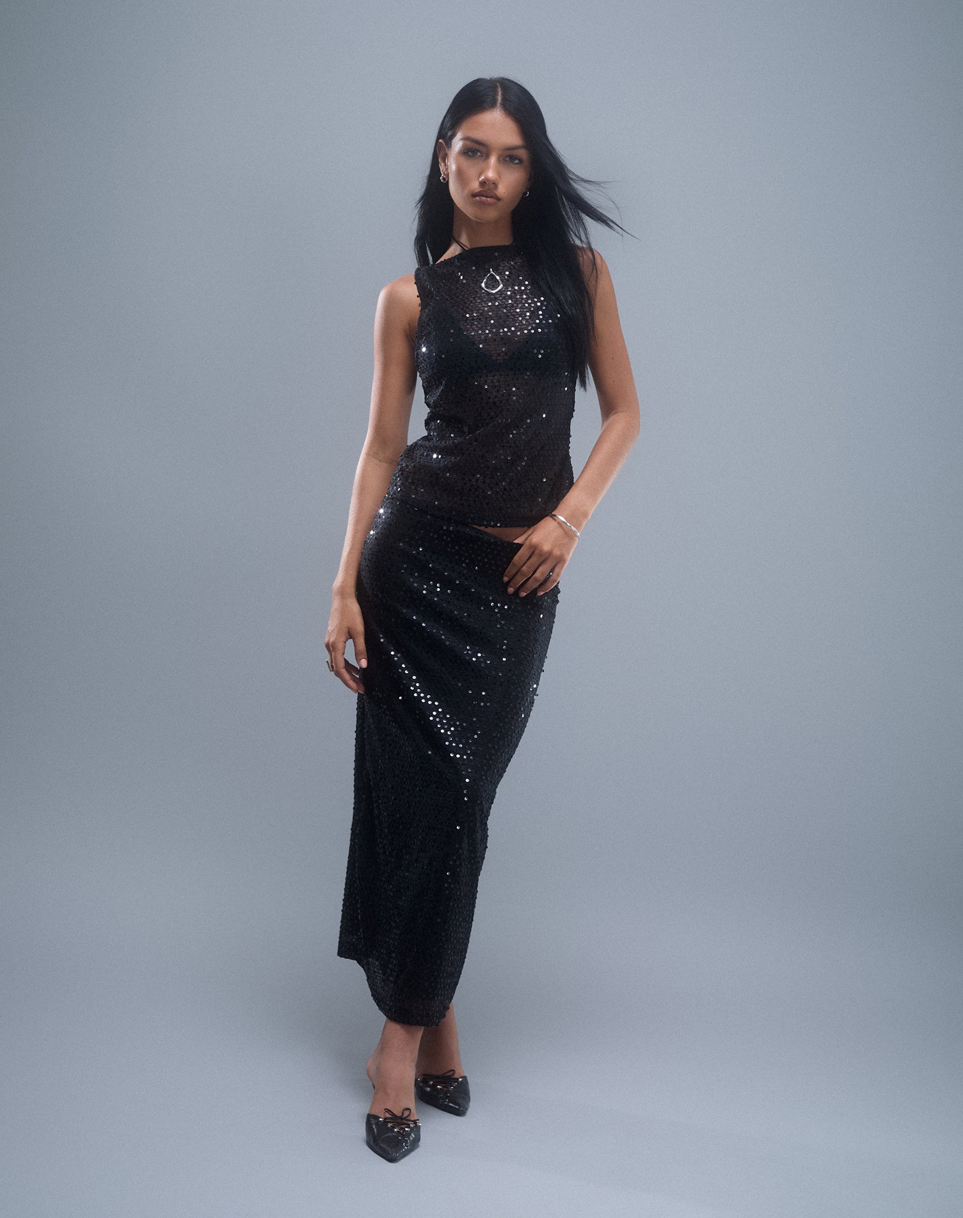Tresha Maxi Skirt in Sequin Knit Black