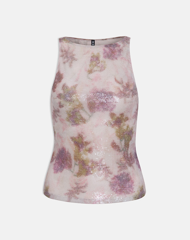 Dudley Vest Top in Floral Sequin White and Purple