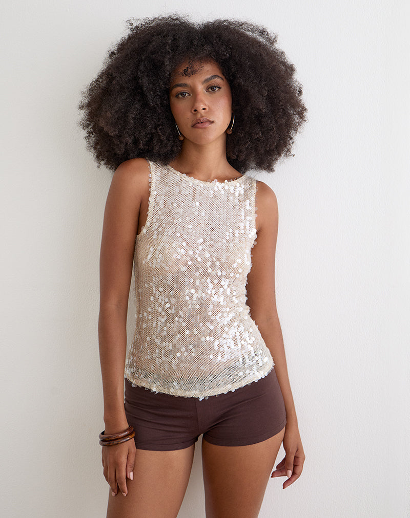 Dudley Vest Top in Sequin Crochet Cream