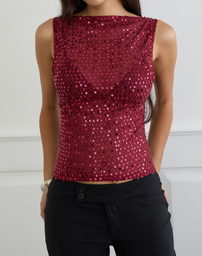 Dudley Vest Top in Sequin Knit Burgundy