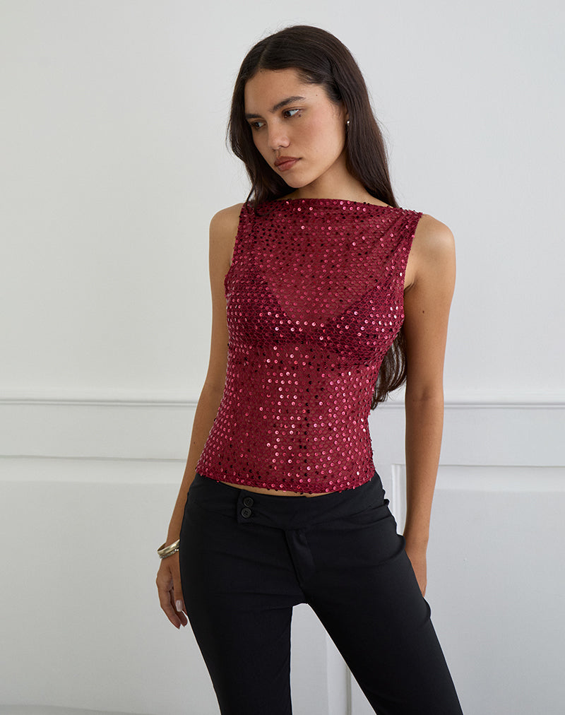 Image of Dudley Vest Top in Sequin Knit Burgundy