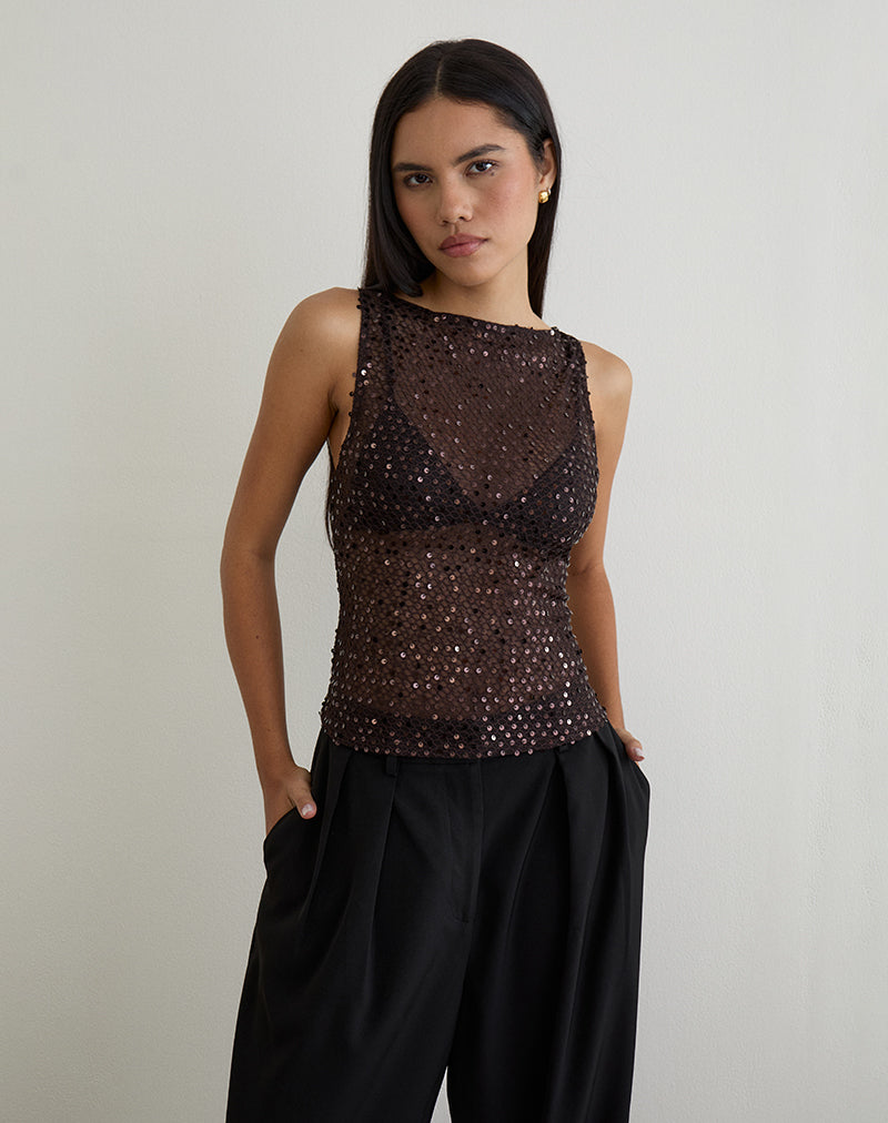 Dudley Vest Top in Sequin Knit Coffee