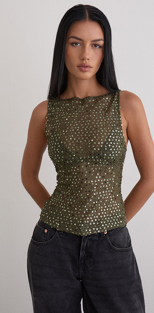 Image of Dudley Vest Top in Sequin Knit Olive
