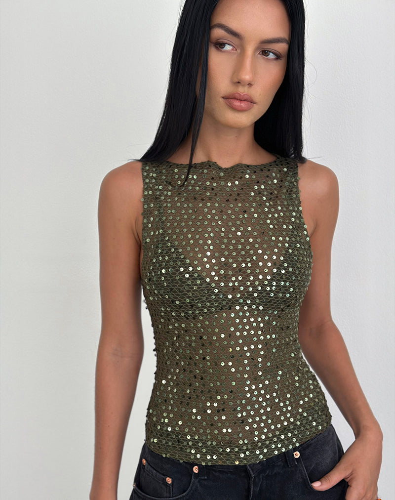 Image of Dudley Vest Top in Sequin Knit Olive