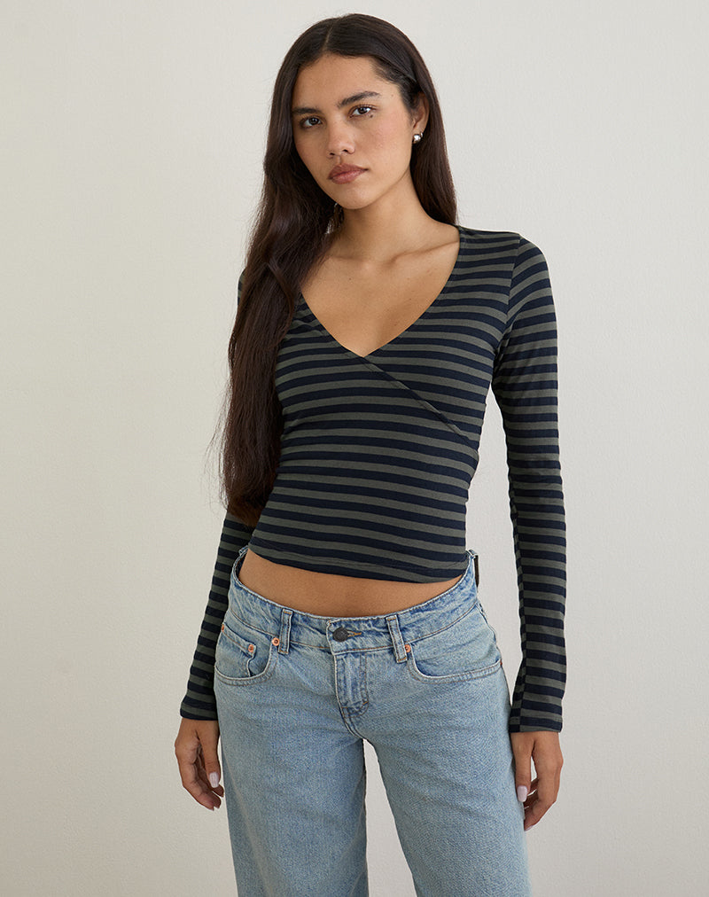Image of Dulcet Ribbed Plunge Top in Classic Striped Navy and Grey