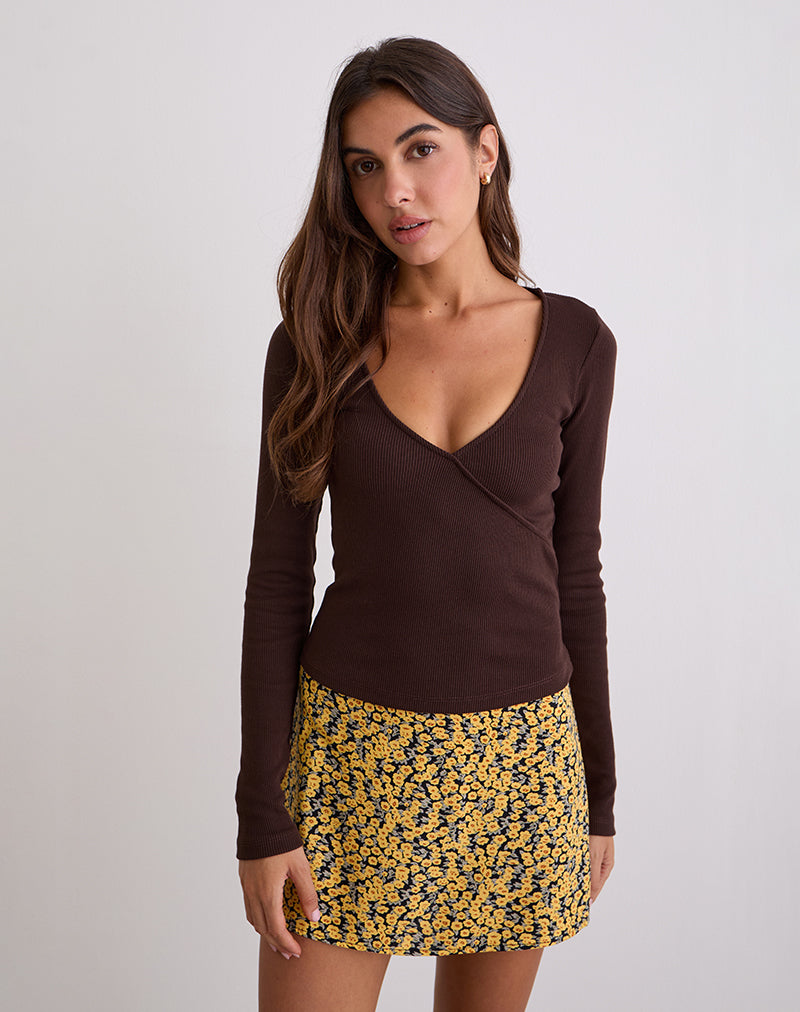 Dulcet Ribbed Plunge Top in Chocolate Brown