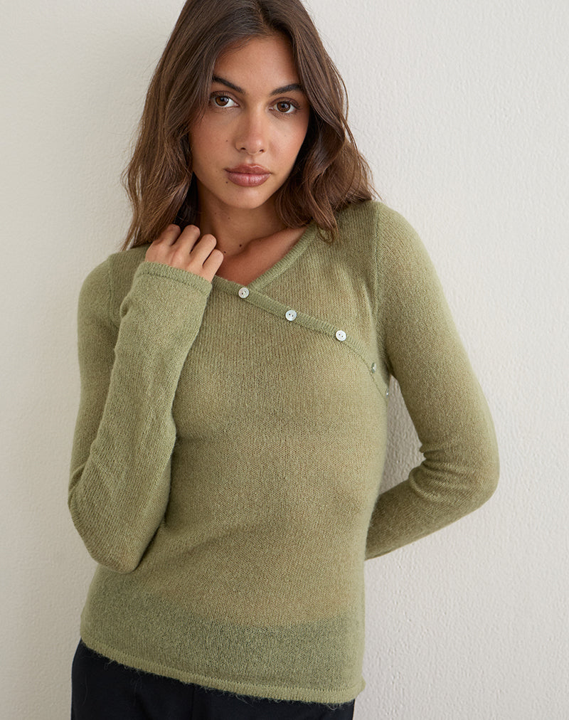 Elanur Long Sleeve Top in Sheer Knit Sage Green