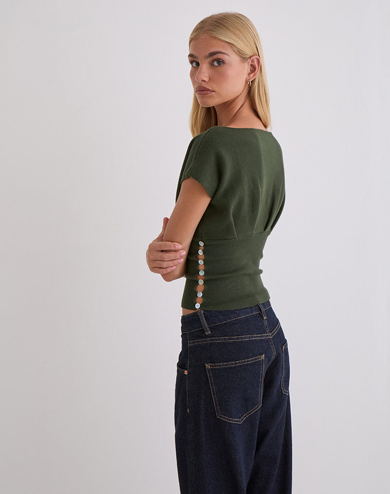 Image of Elin Top in Knit Khaki with Pearl Buttons