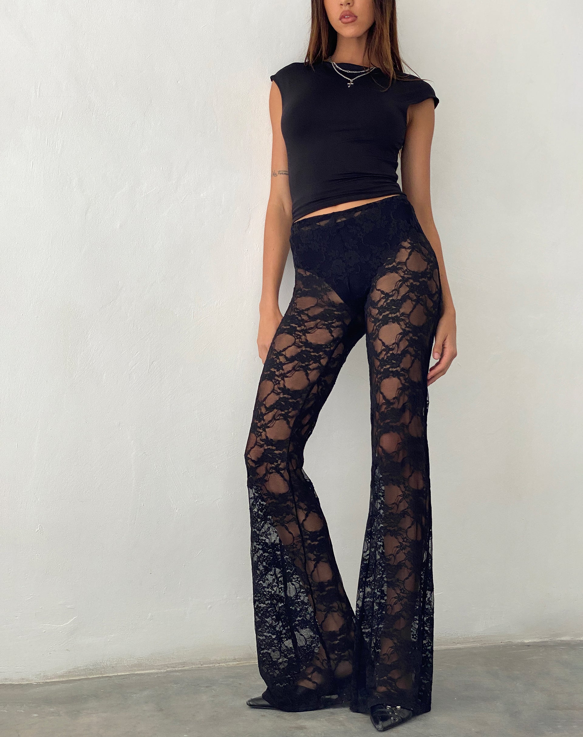 Black Lace Flared Trousers | Elio – motelrocks.com