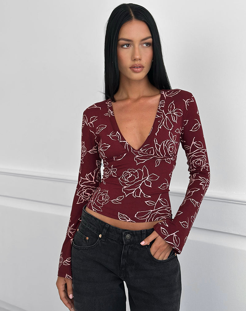 Emesy Long Sleeve Top in Outline Rose Marooon