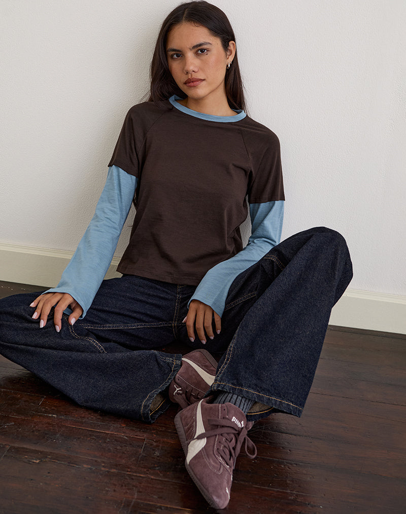 Enid Layered T-Shirt in Chocolate Brown and Light Blue