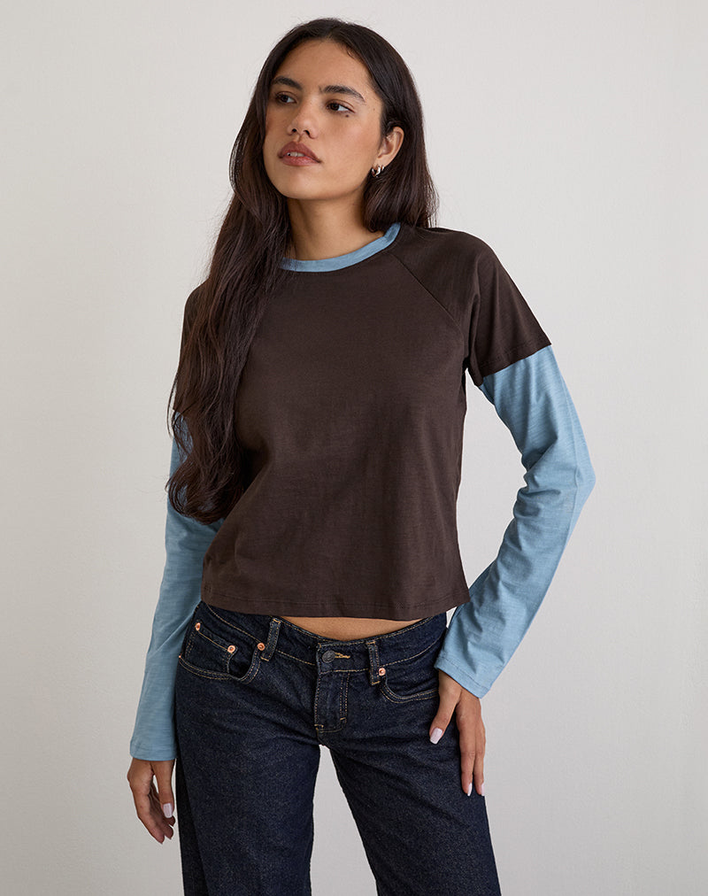 Image of Enid Layered T-Shirt in Chocolate Brown and Light Blue