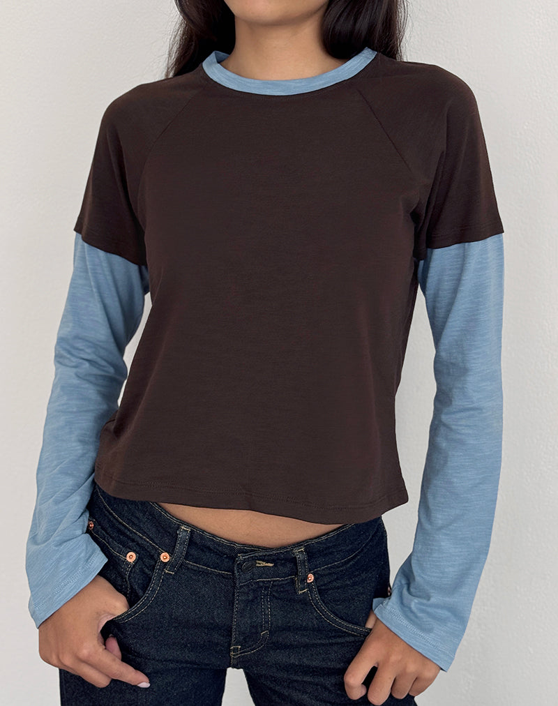 Image of Enid Layered T-Shirt in Chocolate Brown and Light Blue