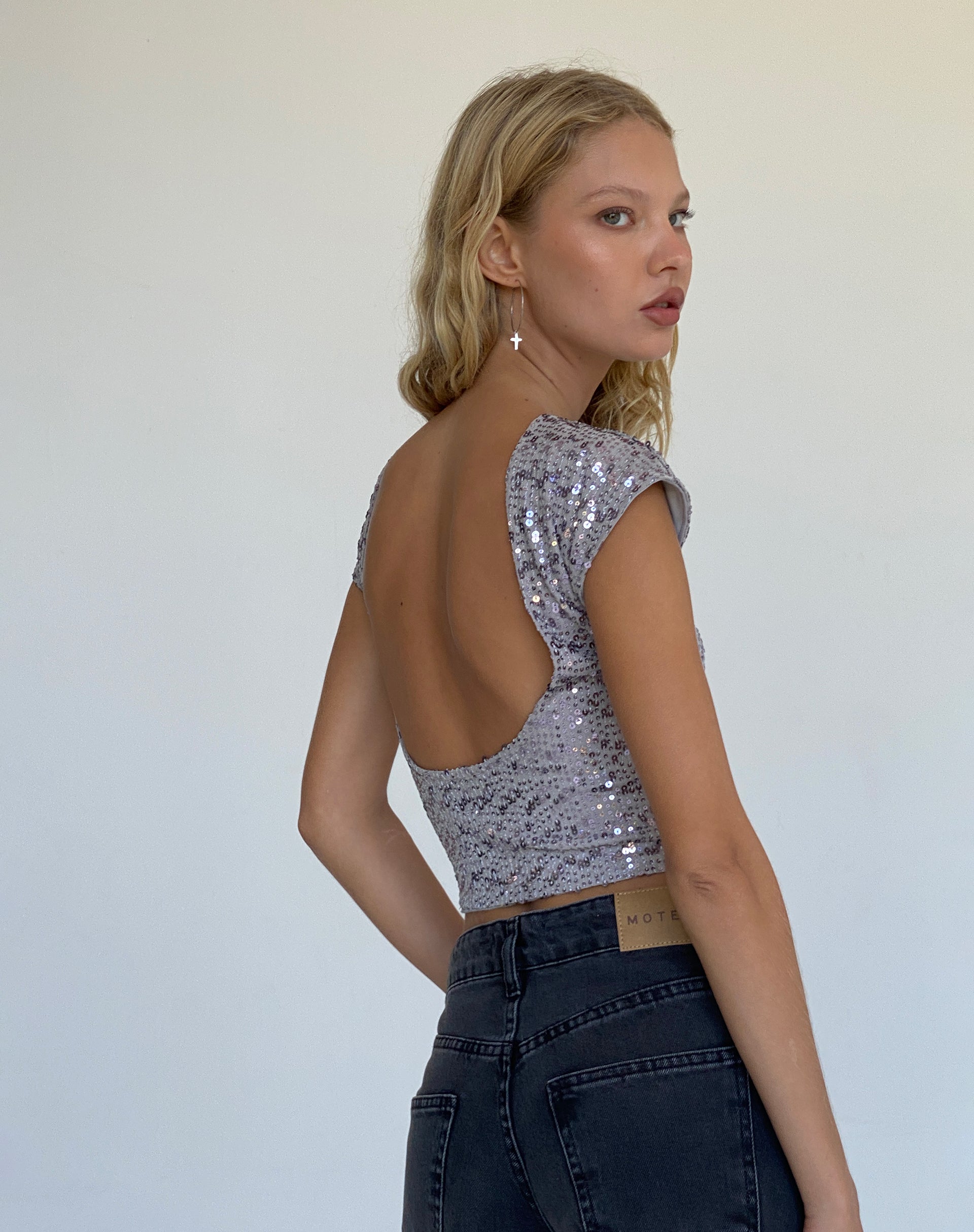 Silver Sequin Backless Top