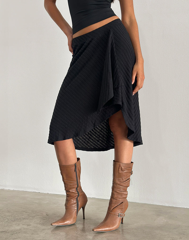 Esmeray Midi Skirt in Sheer Diagonal Knit Black