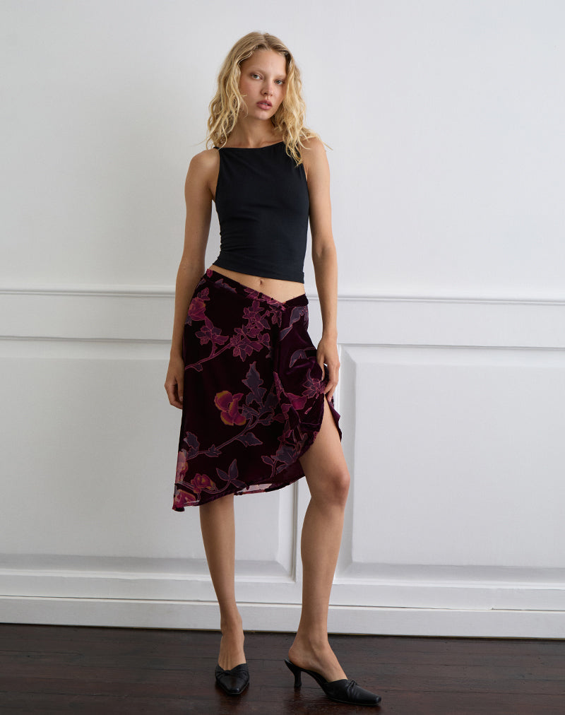 Esti Midi Skirt in Floral Devore Burgundy