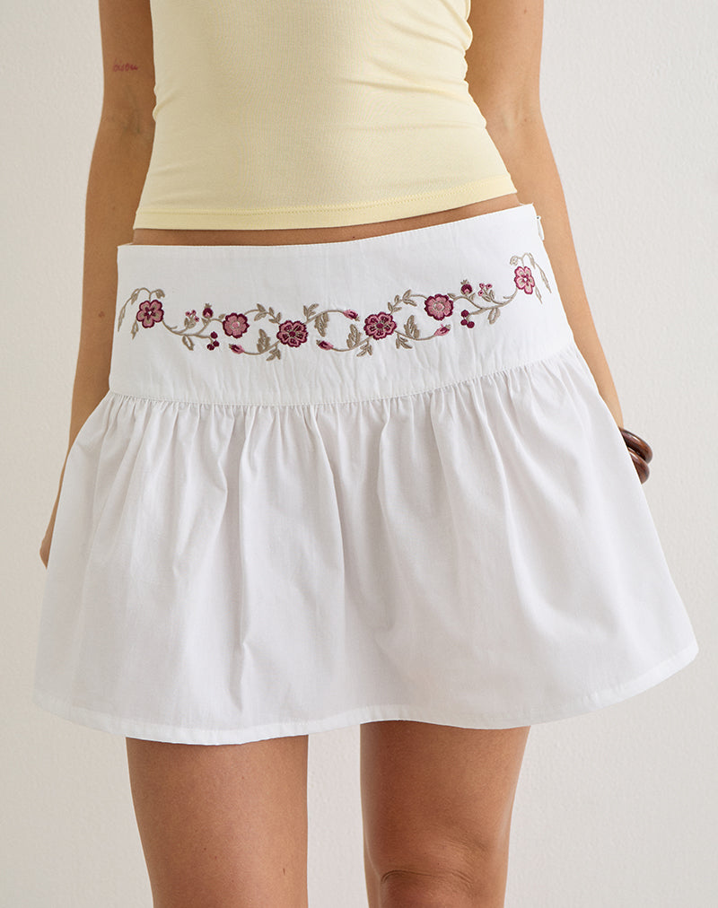 Image of Becita Skirt in Poplin White with Cherry Blossom Embroidery