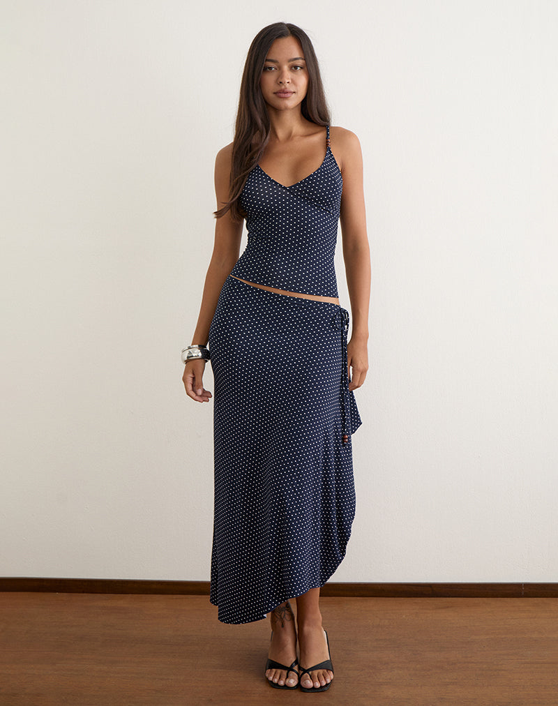 Image of Phemia Maxi Skirt with Beads in Jersey Navy with Micro Polka Print