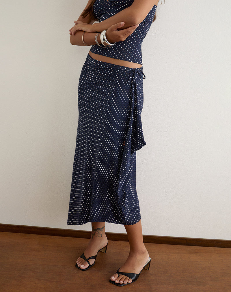 Image of Phemia Maxi Skirt with Beads in Jersey Navy with Micro Polka Print