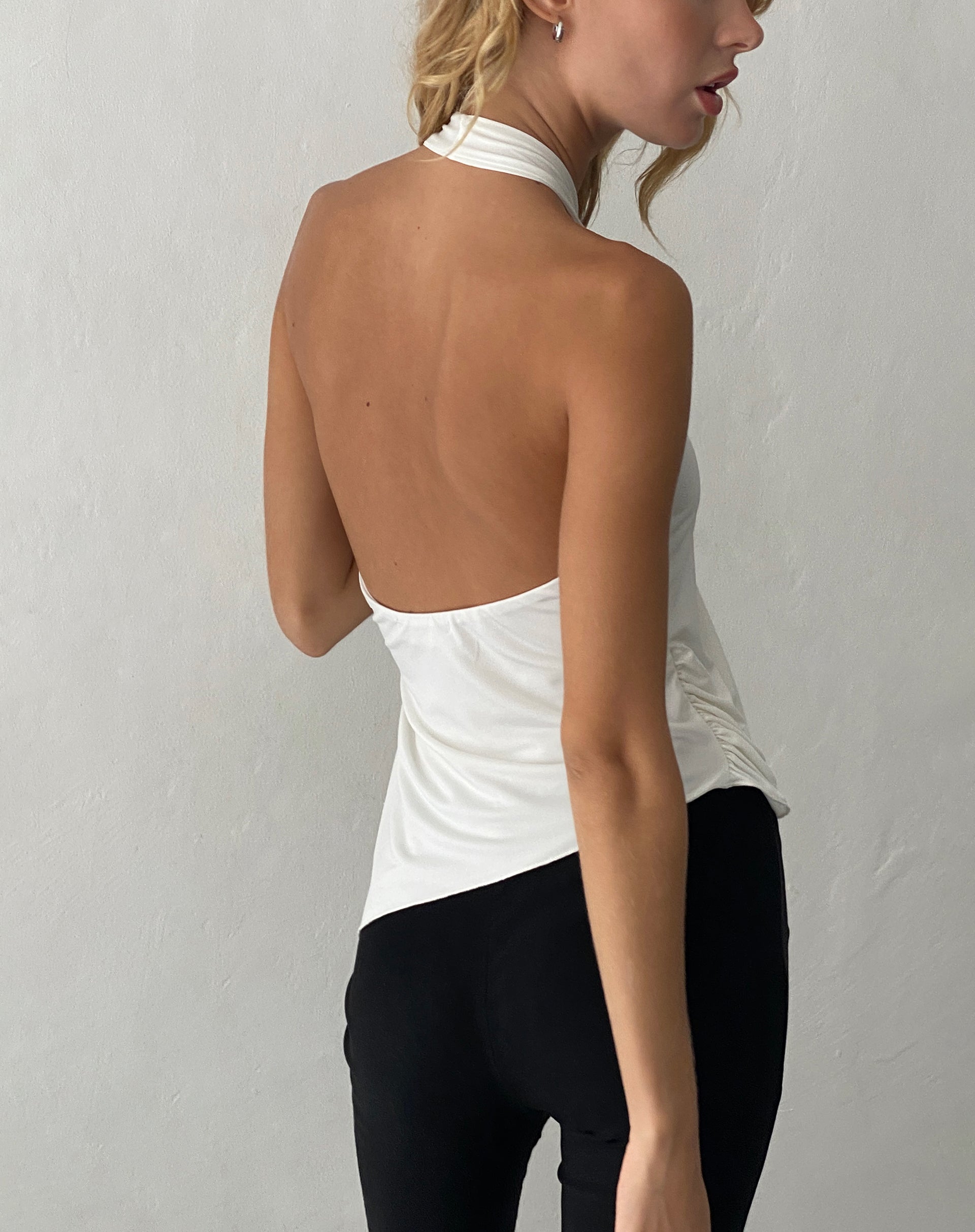 Farah Halter Asymmetric Plunge Top in Ivory