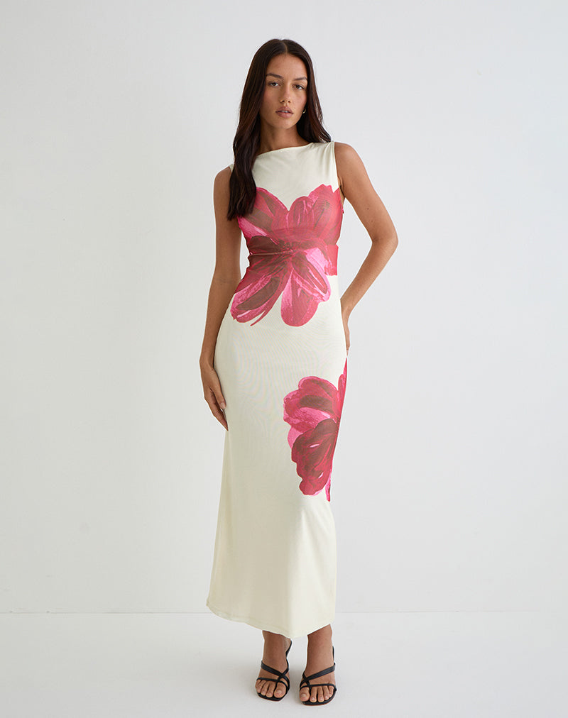 Image of Fayola Printed Maxi Dress in Cream with Red Watercolour Flower