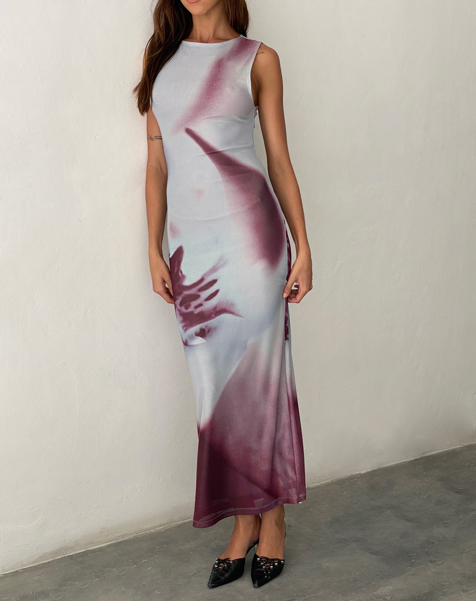image of Fayola Printed Maxi Dress in Grey Anatomy of Nature
