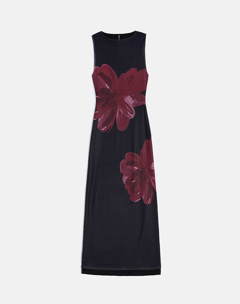 Image of Fayola Maxi Dress In Black with Burgundy Watercolour Flower