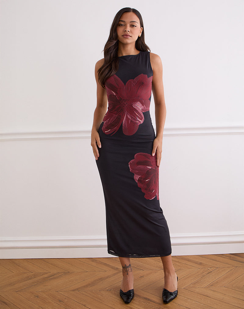 Image of Fayola Maxi Dress In Black with Burgundy Watercolour Flower