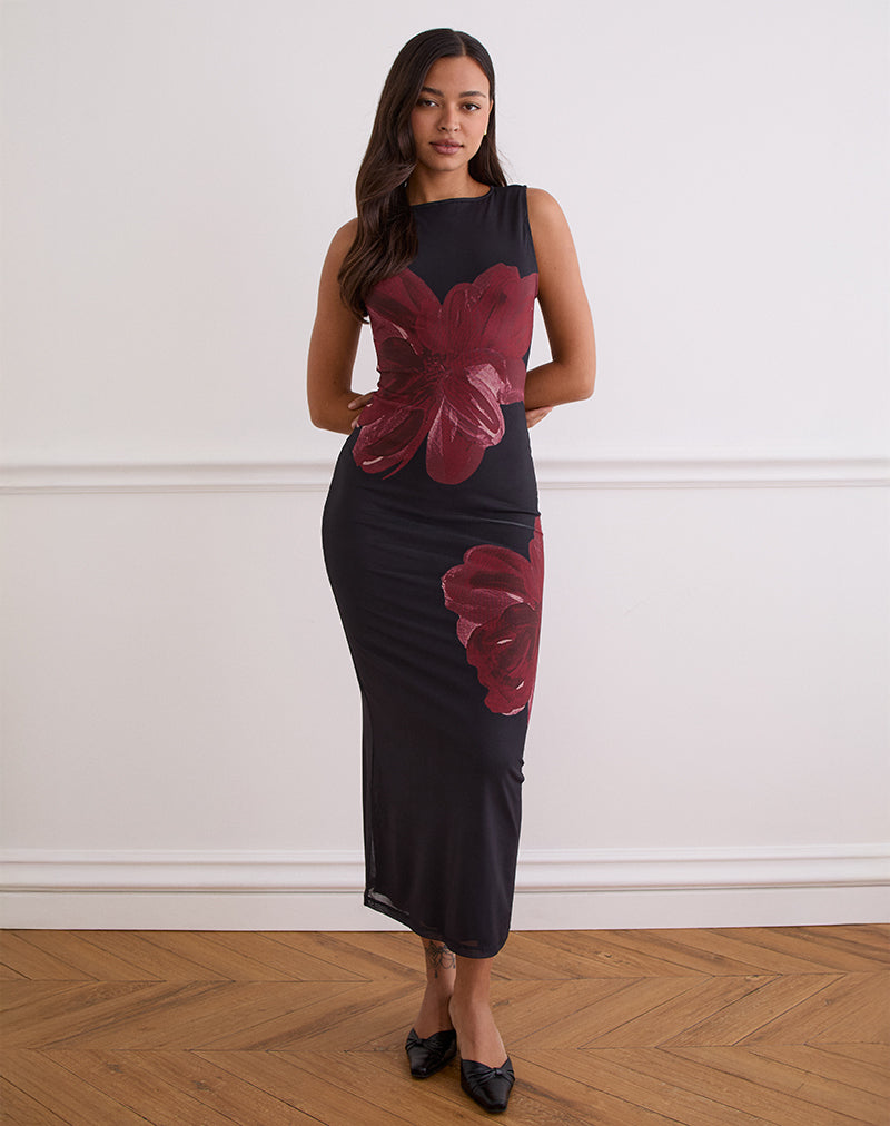 Image of Fayola Maxi Dress In Black with Burgundy Watercolour Flower
