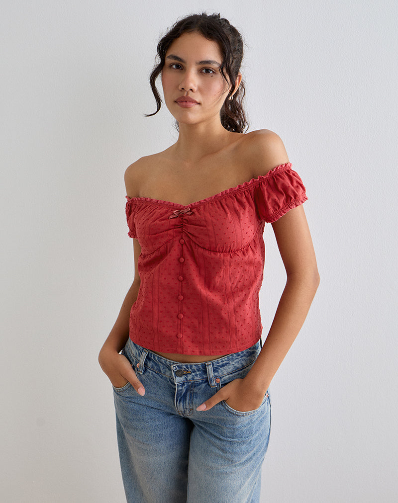 Image of Fayra Bardot Corset Top in Cotton Dobby Red