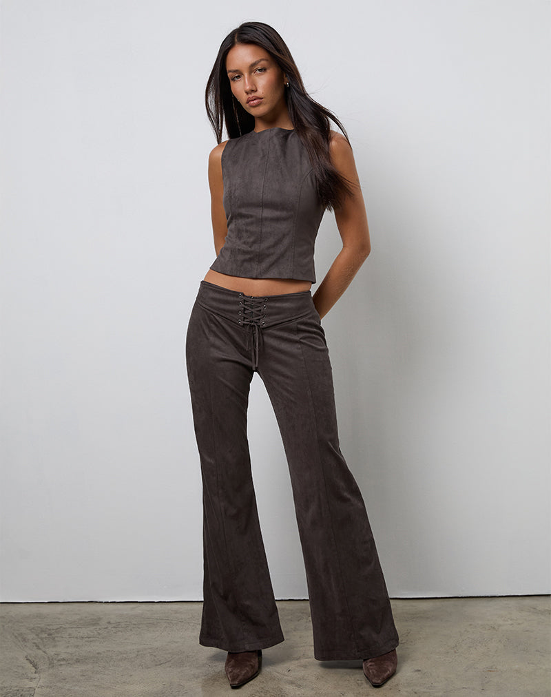 Brown Chestnut Faux Suede Tie Back Top | Felia – motelrocks.com