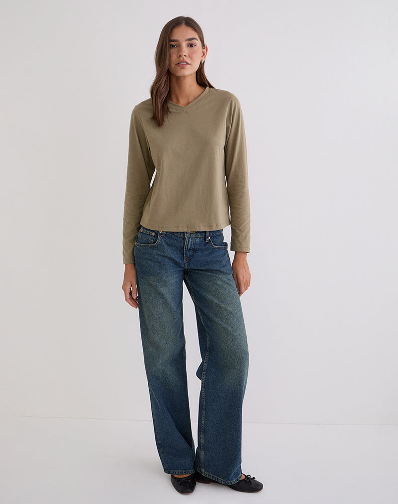 Khaki Green Long Sleeve Slouchy V Neck Top | Feman – motelrocks.com